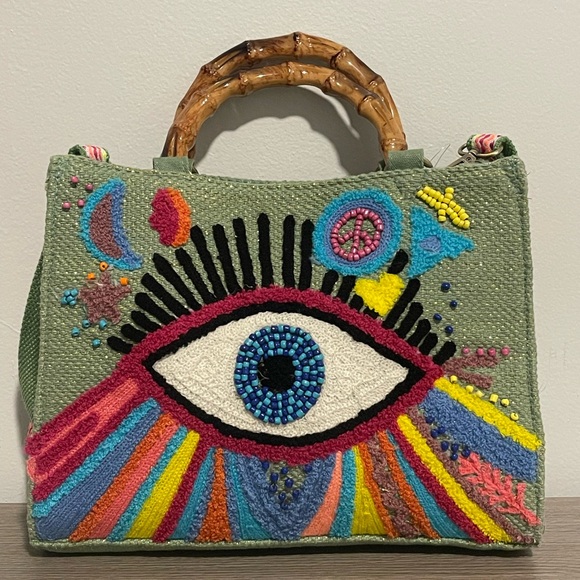America & Beyond Embroidered Rainbow Evil Eye Design Green Tote Handbag - Picture 1 of 10